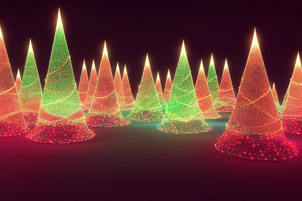 造型明快的小圆锥圣诞树3D艺术品背景 圣诞快乐 新年快乐除夕装饰现代墙纸 圣诞灯饰彩绘艺术图解 — 图库照片