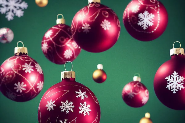 緑の背景に赤いクリスマスボールとの出会いアブストラクト3Dアートワークイラスト メリークリスマスと幸せな新年の休日ポストカードスタイリッシュな壁紙 クリスマスデコレーション 三次元アートワーク — ストック写真