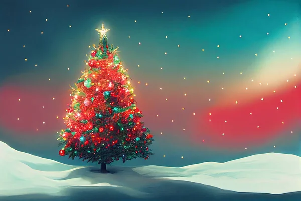 别致的郁郁葱葱华丽的圣诞树3D艺术品图解背景 圣诞快乐 新年快乐 别致的明信片 色彩艳丽的壁纸 奇形怪状的圣诞装饰三维艺术品 — 图库照片
