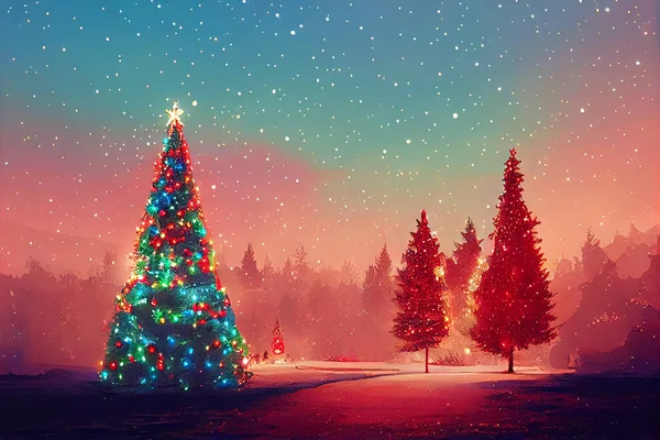 Φωτεινό Διακοσμημένο Χριστουγεννιάτικο Δέντρο Χέρι Σχεδιασμένο Art Illustration Abstract Ιστορικό — Φωτογραφία Αρχείου