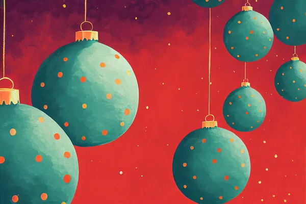 抽象赤の背景にターコイズクリスマスボール手描きのアートイラスト メリークリスマスとハッピーニューイヤーカード芸術シンプルな壁紙 明るい色のクリスマス手書き水彩 Naive Art — ストック写真