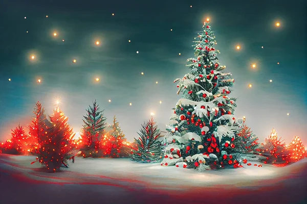Bujné Sněhové Čepice Zdobené Vánoční Stromeček Artwork Abstraktní Pozadí Veselé — Stock fotografie