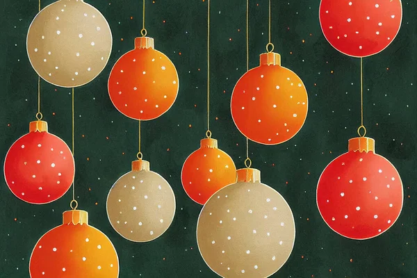 概要緑の背景にベージュオレンジ赤クリスマスボール手描きアートワーク メリークリスマスとハッピーニューイヤーカード芸術トレンド壁紙 Xmas水彩ドローイング Naive Art Instruction — ストック写真