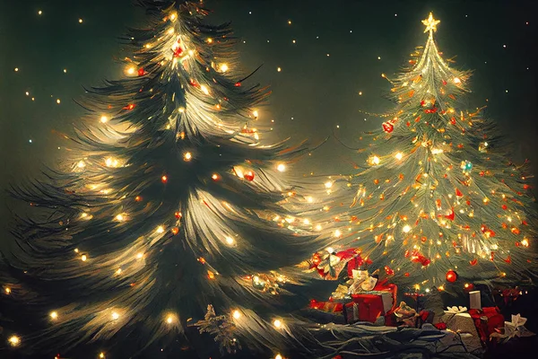 Fairy Tale Χριστούγεννα Lush Διακοσμητικά Δέντρα Χέρι Σχεδιασμένο Έργο Τέχνης — Φωτογραφία Αρχείου