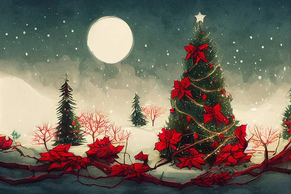 赤い弓を持つおとぎ話のクリスマスツリー水彩手描きアートワークアブストラクト背景 メリークリスマスとハッピーニューイヤー古いヴィンテージポストカード 緑豊かなクリスマスツリー手書きレトロアートイラスト — ストック写真
