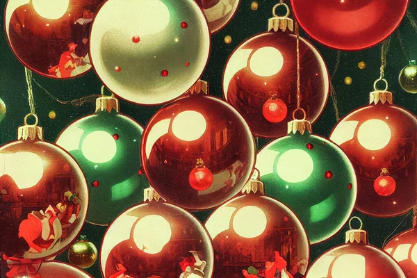 光滑的红色和绿色圣诞球复古手绘艺术品背景 圣诞快乐 新年快乐复古明信片类墙纸 除夕手绘复古艺术图解 — 图库照片