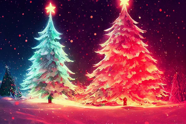 童話クリスマスツリー手描きイラストアブストラクト背景 メリークリスマスと幸せな新年スタイリッシュなポストカードクラスの芸術的な壁紙 クリスマス潮の装飾手書きアート作品 — ストック写真