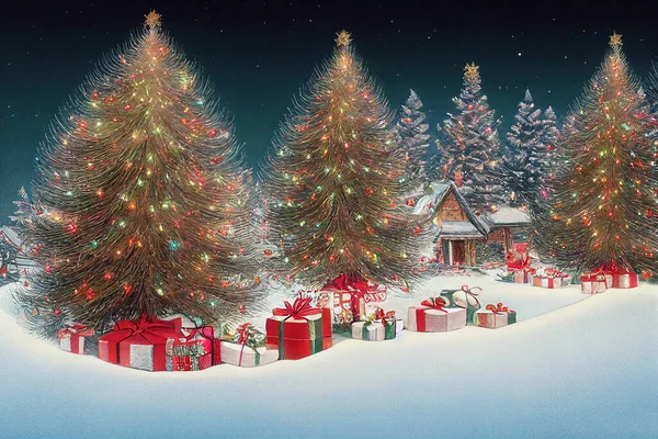 オランダのクリスマスツリーとギフトを持つサンタハウス手描きのアートワーク メリークリスマスとハッピーニューイヤー古いはがきクラシー壁紙 クリスマスデコレーション手書きレトロアートイラスト — ストック写真