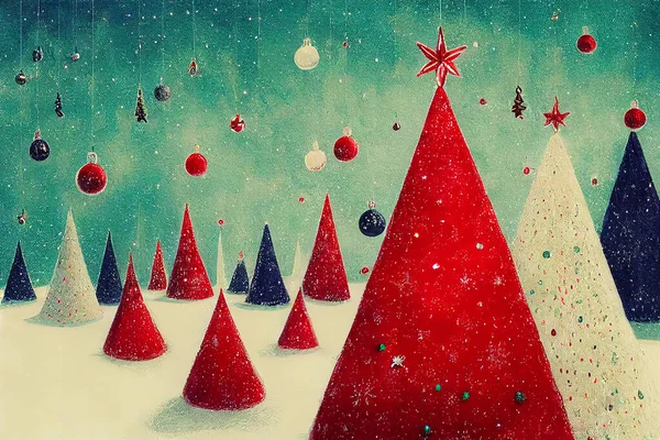 クリスマスボールとコーンの木の装飾手はナイーブアートイラストを描いた メリークリスマスとハッピーニューイヤーヴィンテージポストカード芸術的な壁紙 明るい色Xmas手描き水彩画作品 — ストック写真