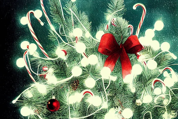 Vánoční Stromeček Garland Lízátka Red Bow Umělecké Dílo Starý Ročník — Stock fotografie