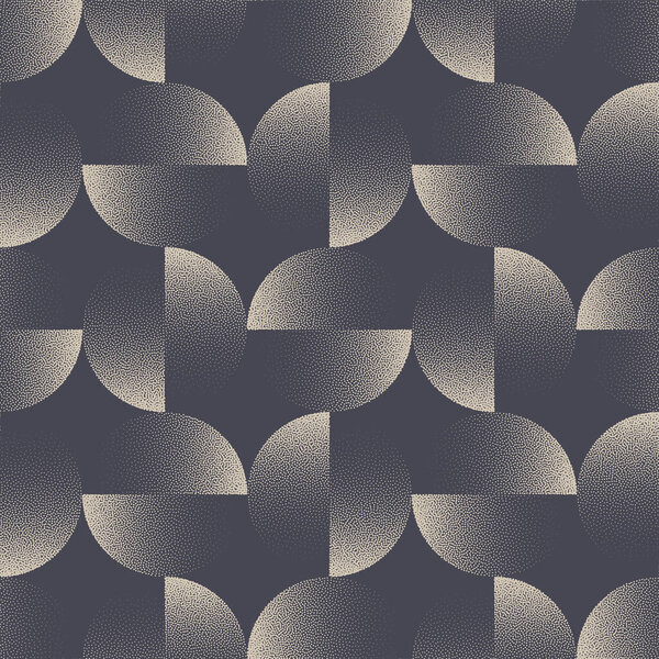 Split Circles Extravagant Seamless Pattern Vector Dot Work Abstract Background. Bauhaus Retro Style Repetitive Fashionable Textile Print. Endless Graphic Gray Wallpaper. Halftone Art Illustration