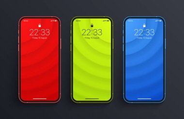 Variations Of Minimalist Red Bright Green Blue 3D Smooth Blurred Lines Wallpaper Set On Photo Realistic Smart Phone Screen Isolated On Dark Back. Various Vertical Abstract Screensavers For Smartphone