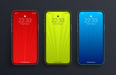 Different Variations Minimalist Red Bright Green Blue 3D Smooth Blur Geometric Bend Lines Wallpaper Set On Photo Realistic Mobile Phone Screen. Vertical Abstract Screensavers for Cellphone