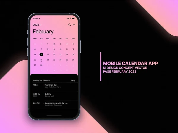 Vector Mobile Calendar App February 2023 Page List Task Design — 스톡 벡터