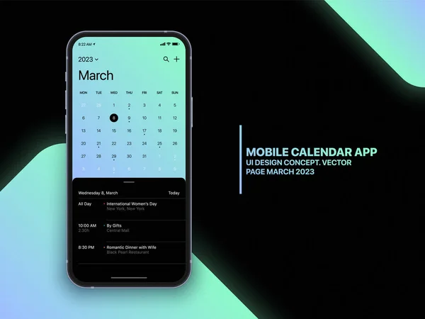 Vector Mobile Calendar App March 2023 Page List Task Design — 스톡 벡터