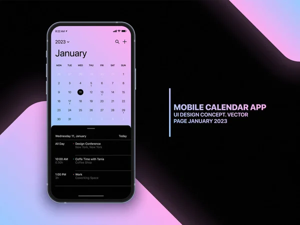 Vector Mobile Calendar App Januari 2023 Pagina Met List Taken — Stockvector