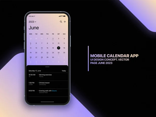 2017 Mobile App Calendar June 2023 Page List Task Vector — 스톡 벡터