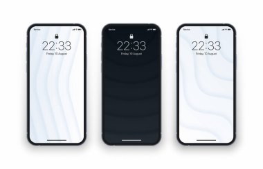 Çeşitli Siyah ve Beyaz Üç Boyutlu Pürüzsüz Bulanık Dinamik Yapı Duvar Kağıtları Beyaz Üzerinde İzole Edilmiş Fotorealistik Cep Telefonu Ekranı. Smartphone için Dikey Özgeçmişler