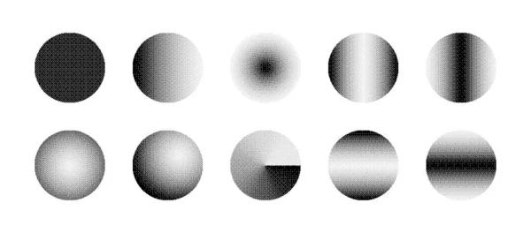 Cirkels Met Verschillende Bitmap Dither Gradiënt Vector Set Geïsoleerd Witte — Stockvector