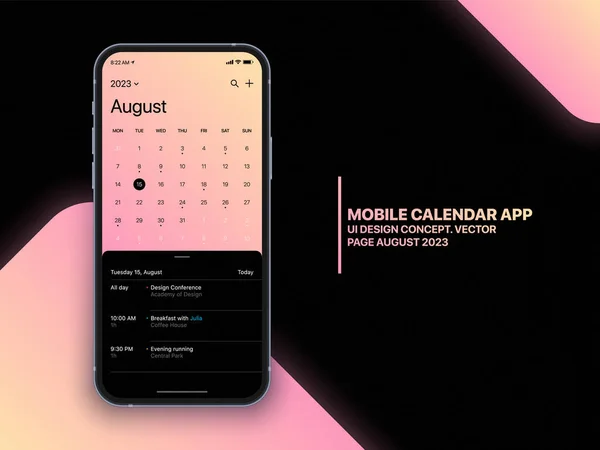 Mobile App Calendar Αύγουστος 2023 Page List Tasks Vector Design — Διανυσματικό Αρχείο