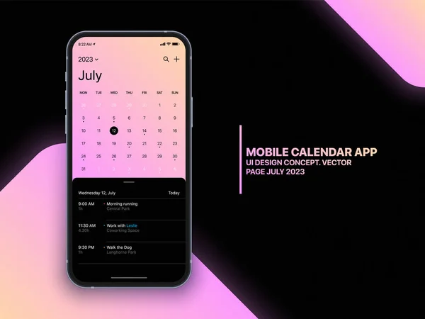 2017 Mobile App Calendar July 2023 Page List Task Vector — 스톡 벡터
