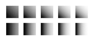 Farklı bit haritası yoğunluğuna sahip kareler. Gradyan vektör kümesi beyaz arkaplanda izole edildi. Farklı Retro 8 Bit Grafik Sanatı Stili Doku Tasarım Elemanları Koleksiyonu ile Dikdörtgen Şekilleri