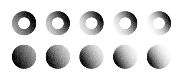 Cirklar Med Olika Densitet Bitmap Dither Gradient Vector Set Isolerad — Stock vektor