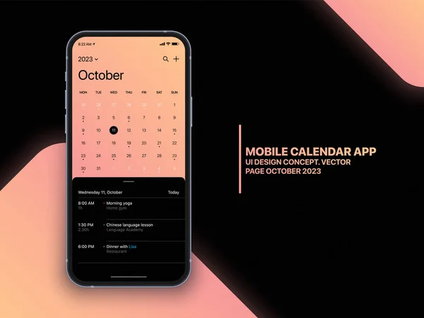 Mobiele App Agenda Oktober 2023 Pagina Met List Taken Vector — Stockvector