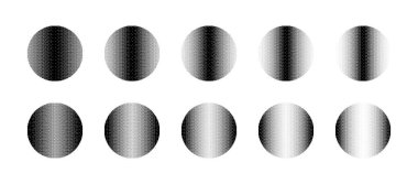 Bitmap 'in Çeşitli Yoğunluklu Çemberleri Dither Doğrusal Gradyan Vektörü Beyazın Üzerinde İzole Edildi. Retro 8bit Piksel Grafik Stili ile Yuvarlak Şekiller Farklı Dokular Tasarım Elemanı Koleksiyonu