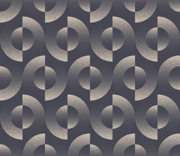 Split Circles 1960s 1970s Seamless Pattern Vector Dotwork Abstract Background. 50s 60s 70s Retro Geometric Stylish Design Textile Print Repetitive Wallpaper. Halftone Bauhaus Art Loopable Illustration