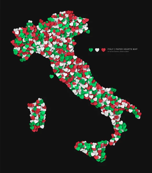 Itálie Mapa Rozptýlených Papírových Srdcí Barvách Vektor Národní Vlajky Izolované — Stockový vektor