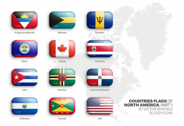 Noord Amerika Landen Vlaggen Vector Afgeronde Glanzende Pictogrammen Geïsoleerd Wit — Stockvector
