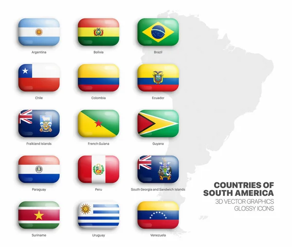 South America Countries Flags Vector Rounded Glossy Icons Set Isolated — Stock Vector