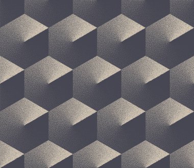 Fütürist Bilimkurgu Kusursuz Desensiz Model Vektör Dot Çalışma Özgeçmişi. 3D Hexagons Sistem Teknolojisi Sonsuz Soyutlama. Tekrarlanan Monokrom Duvar Kağıdı. Yarı Ton Çağdaş Sanat İllüstrasyonu