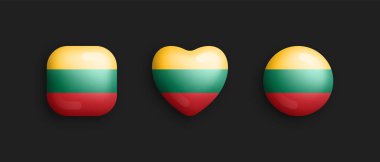 Litvanya Ulusal Bayrağı 3D Vektör Parlak Simgeleri Yuvarlak Meydan Kalbinde ve Çember Şeklinde Arka planda. Litvanya İşareti ve Sembolik Grafik Tasarım Elementleri Volumetrik Düğmeler Koleksiyonu