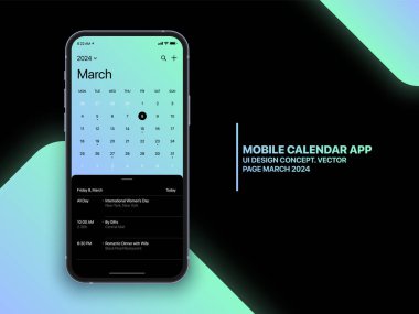Vector Mobil Takvim Uygulaması Mart 2024 Yapılacaklar Listesi ve Görevler UI Tasarım Konsepti ile İzole Fotoğraf Gerçekçi Akıllı Telefon ModeliName Akıllı Telefon İş Planlama Şablonu