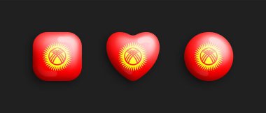 Kırgızistan Resmi Ulusal Bayrak 3D Vektör Parlak Simgeleri Yuvarlak Meydan, Kalp ve Çember Biçimi Arkaplanda İzole Edildi. Kirghiz İşareti ve Semboller Grafik Tasarım Elementleri Ses Düzeyi Düğmeleri Koleksiyonu