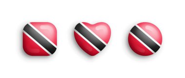 Trinidad ve Tobago Resmi Ulusal Bayrak 3D Vektör Parlak Simgeleri Yuvarlak Meydan, Kalp ve Çember Şekilleri Beyazın Üzerinde İzole Edildi. Grafik Tasarım Elementleri Ses Düzeyi Düğmeleri Koleksiyonunu İmzala