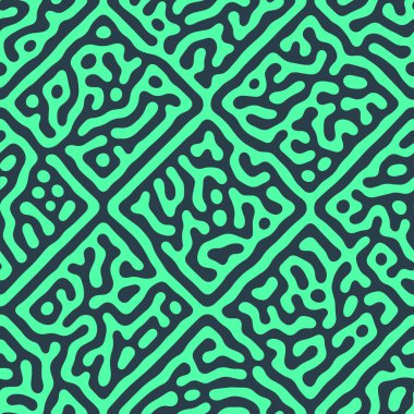 Çılgın Psikedelik Sanat Turkuaz Siyah Kusursuz Şekil Vektörü Soyutlaması. Tekrarlayan Garip Gezgin Soyut Arkaplan. Hipnotik Yapısı Sonsuz Süsleme. Modern Sanat Çizimi