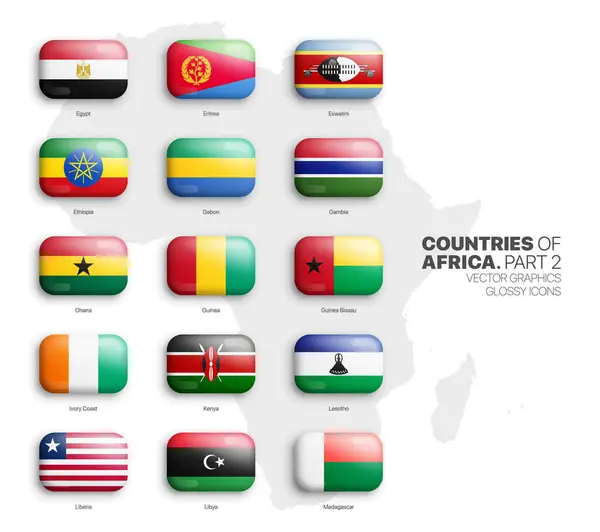 All African Countries Vector Rounded Glossy Icons Set Isolated White Лицензионные Стоковые Векторы