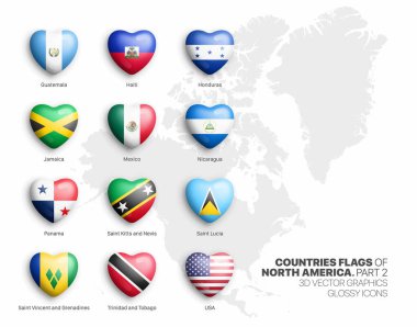 Kuzey Amerika Ülkeleri 3D Kalp Vektörü Parlak Simgeleri Beyaz Bölüm 2 'de Ayırtıldı. Amerikan Resmi Bayrakları Parlak Renkli Kalpler Şişkin Düğmeler Şekilli Sanat Elementleri