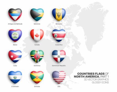 Kuzey Amerika Ülkeleri 3D Kalp Vektörü Parlak Simgeleri Beyaz Bölüm 1 'e Ayırtıldı. Amerikan Resmi Bayrakları Parlak Renkli Kalpler Şişkin Düğmeler Şekilli Sanat Elementleri