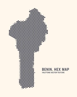 Benin Harita Vektörü Altıgen Yarım Tonlama Deseni Işık Arkaplanı 'nı izole et. Benin Haritası 'ndaki büyü dokusu. Benin Tasarım veya İş Projeleri için Modern Teknolojik Katılım Haritası