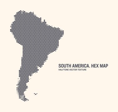 Güney Amerika Kıta Haritası Vektör Altıgen Yarım Ton Deseni Işık Arkaplan İzole. Güney Amerika Kıtasının Harita Biçiminde Büyü Dokuları. Modern Teknoloji Askeri Tasarım Konferansı Projeleri Haritası