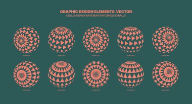 Çeşitli Turuncu 3 boyutlu toplar farklı konumlarda ve yarım ton üçgen şekil vektör grafiği seti yeşil zeminde izole edilmiş. Çağdaş Grafik Çeşitliliği 3D Küre Tasarım Elemanları Paketi
