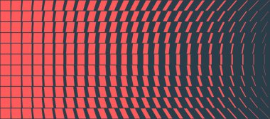 Kırmızı ve siyah tonlarda dalga bozulması olan simetrik ızgara. Dönüşüm ritimli soyut vektör panoramik düzeni, teknoloji görselleri, dijital sanat ve büyüleyici arka plan tasarımı için mükemmel.