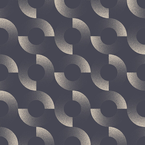 Vector abstract seamless pattern with halftone split circles and stipple gradient texture. Bold geometric design with repeat symmetry. Retro styled 50s 60s wallpaper or fashion textile background