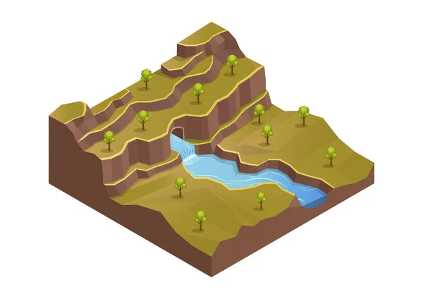 Montagne Isométrique Avec Rivière Arbres — Image vectorielle