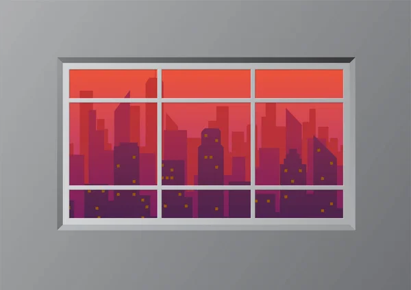 Fenster Mit Stadtsilhouette Der Abenddämmerung Vektorillustration — Stockvektor