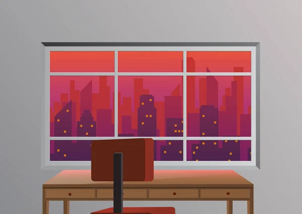 Finestra Dello Spazio Lavoro Con Skyline Della Città Tramonto Illustrazione — Vettoriale Stock